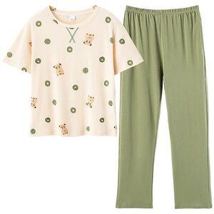 100% Cotton Women Pajama Set 2Pcs Short Sleeve Pullover Top Sleepwear Soft